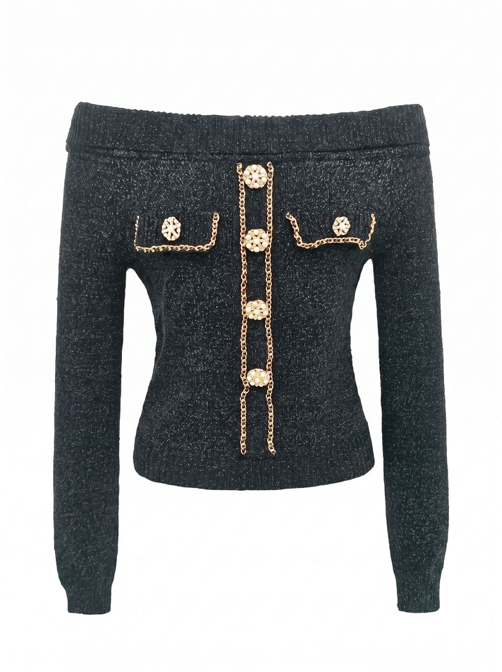 Off Shoulder Embellished Knit Sweater