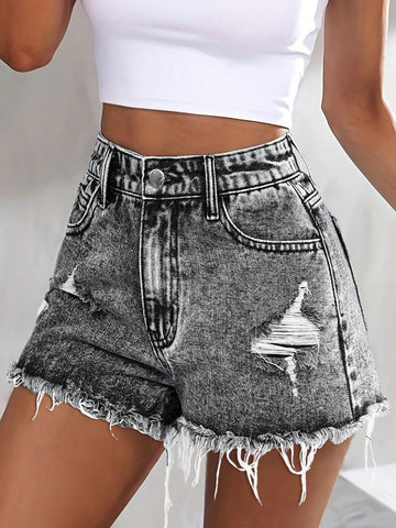 Distressed Acid Wash Raw Hem Shorts