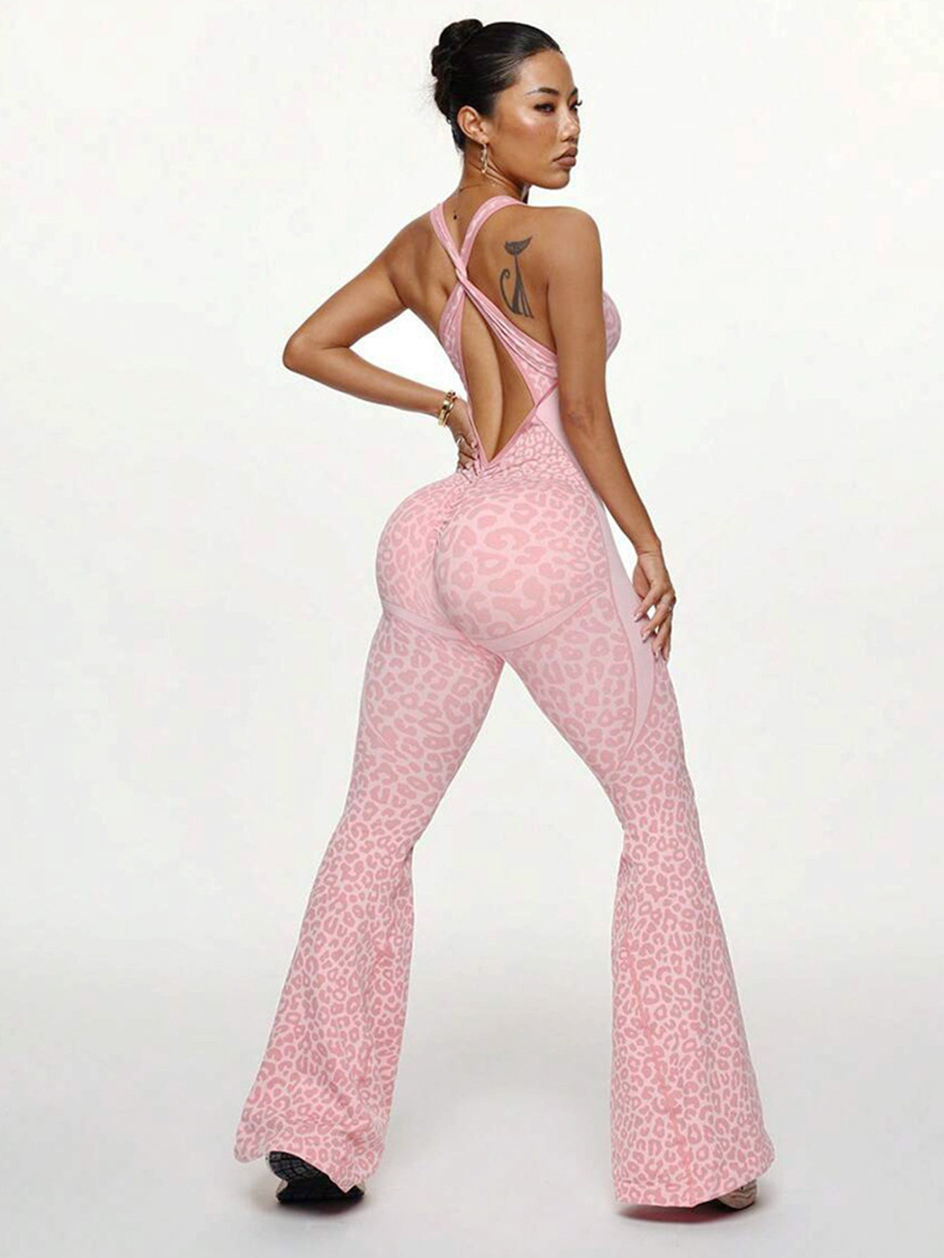 Leopard-Print Racerback Flared-Leg Workout Jumpsuit-Multicolor