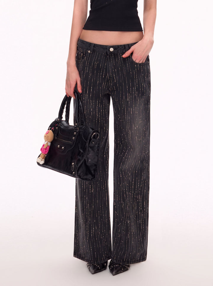 Sparkly Rhinestone High Waisted Wide Leg Jeans