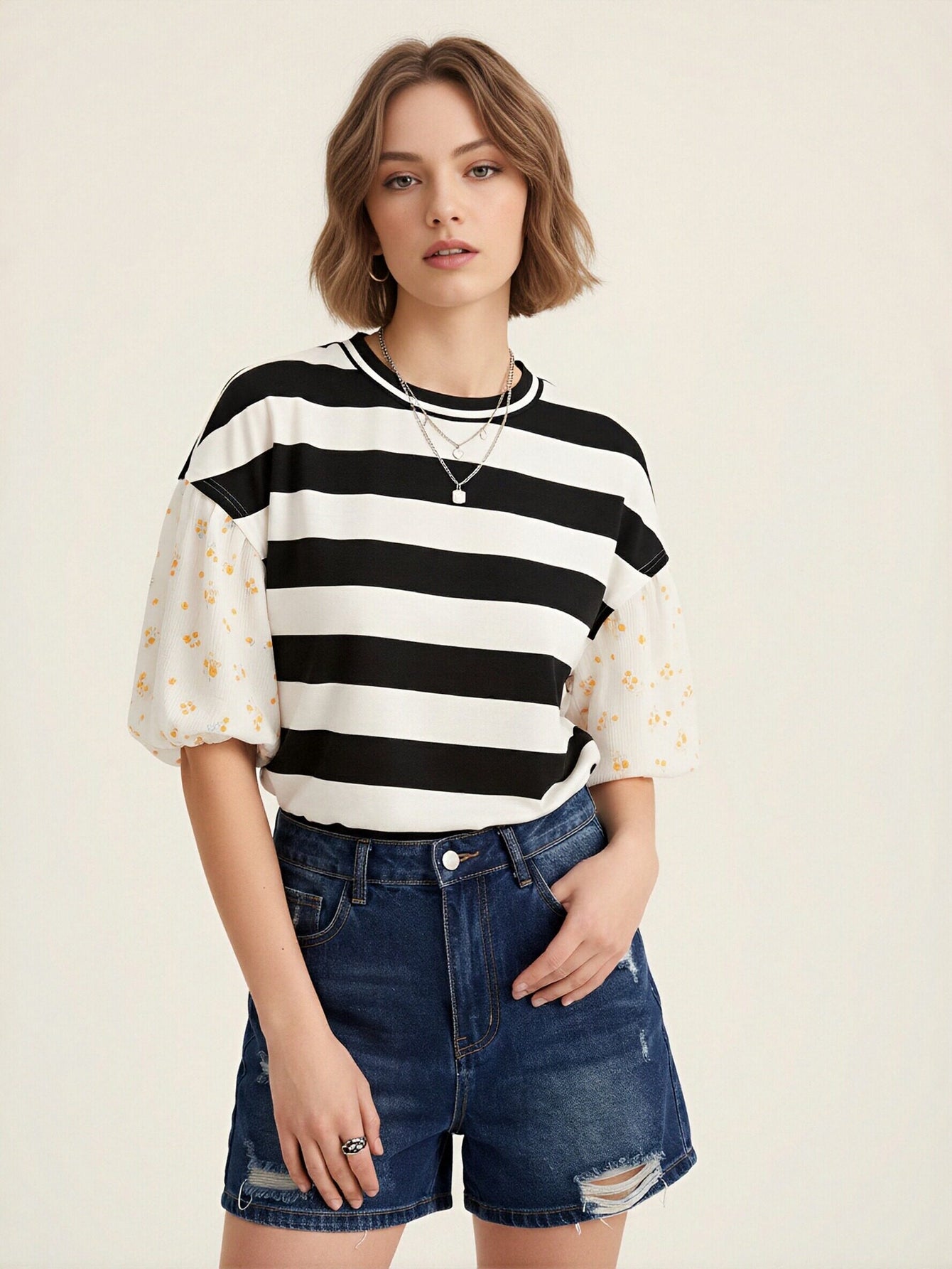 Floral Sleeve Striped Unique T-Shirt