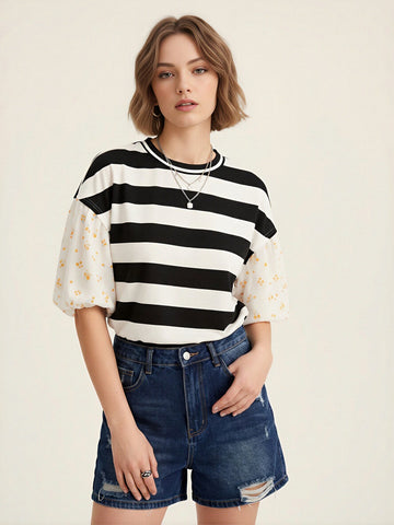 Floral Sleeve Striped Unique T-Shirt