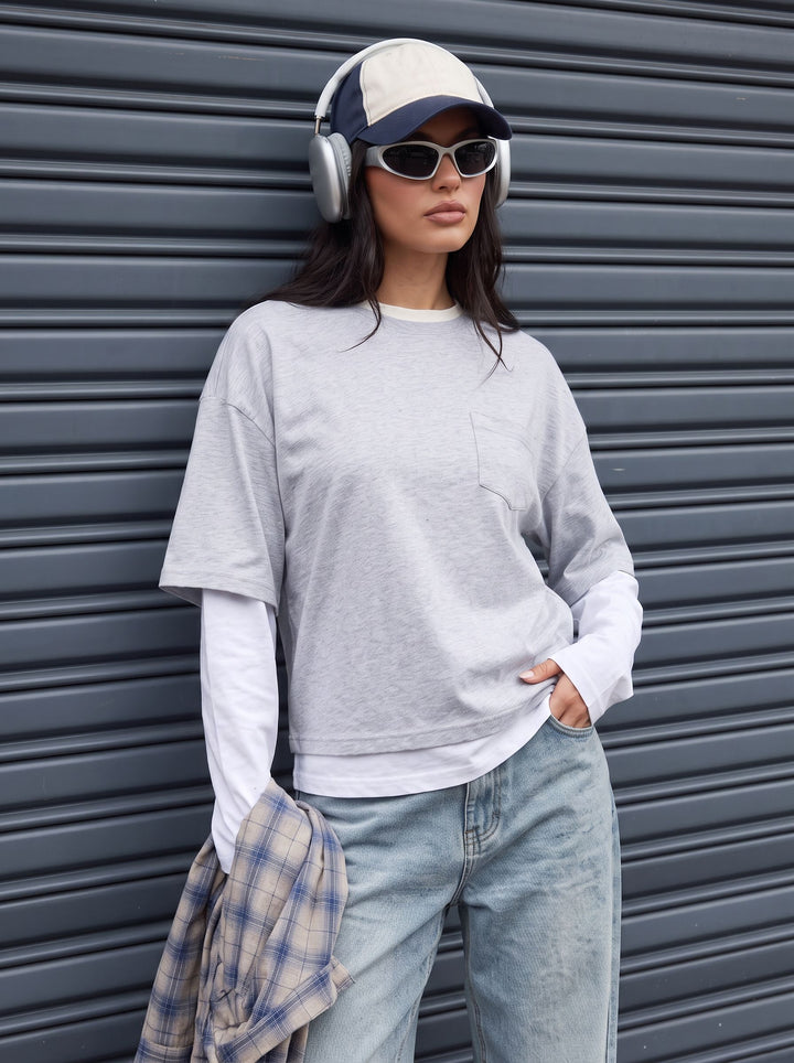 Oversized Layered Pocket Crewneck T Shirt