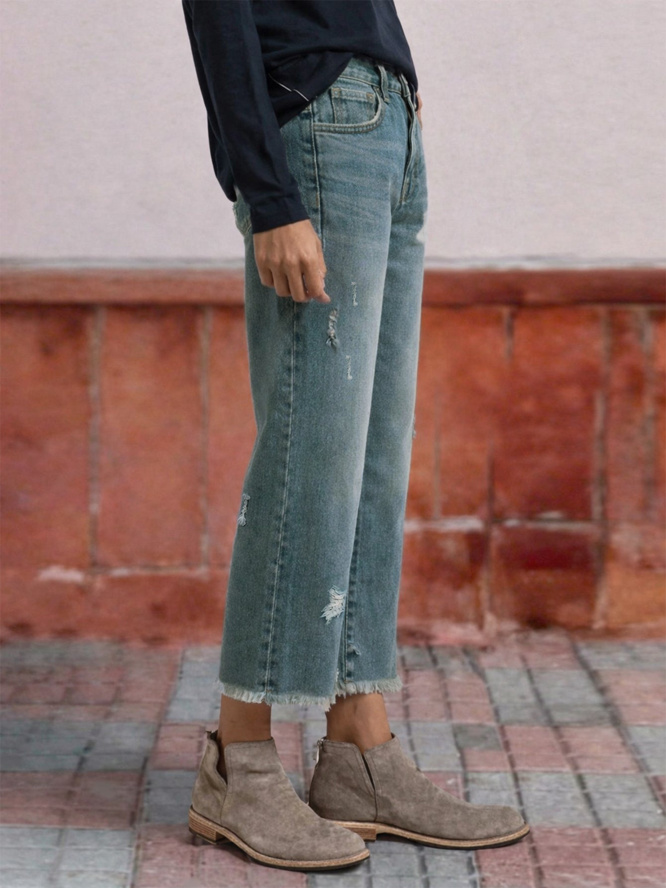 High Rise Distressed Straight Jeans
