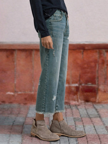 High Rise Distressed Straight Jeans