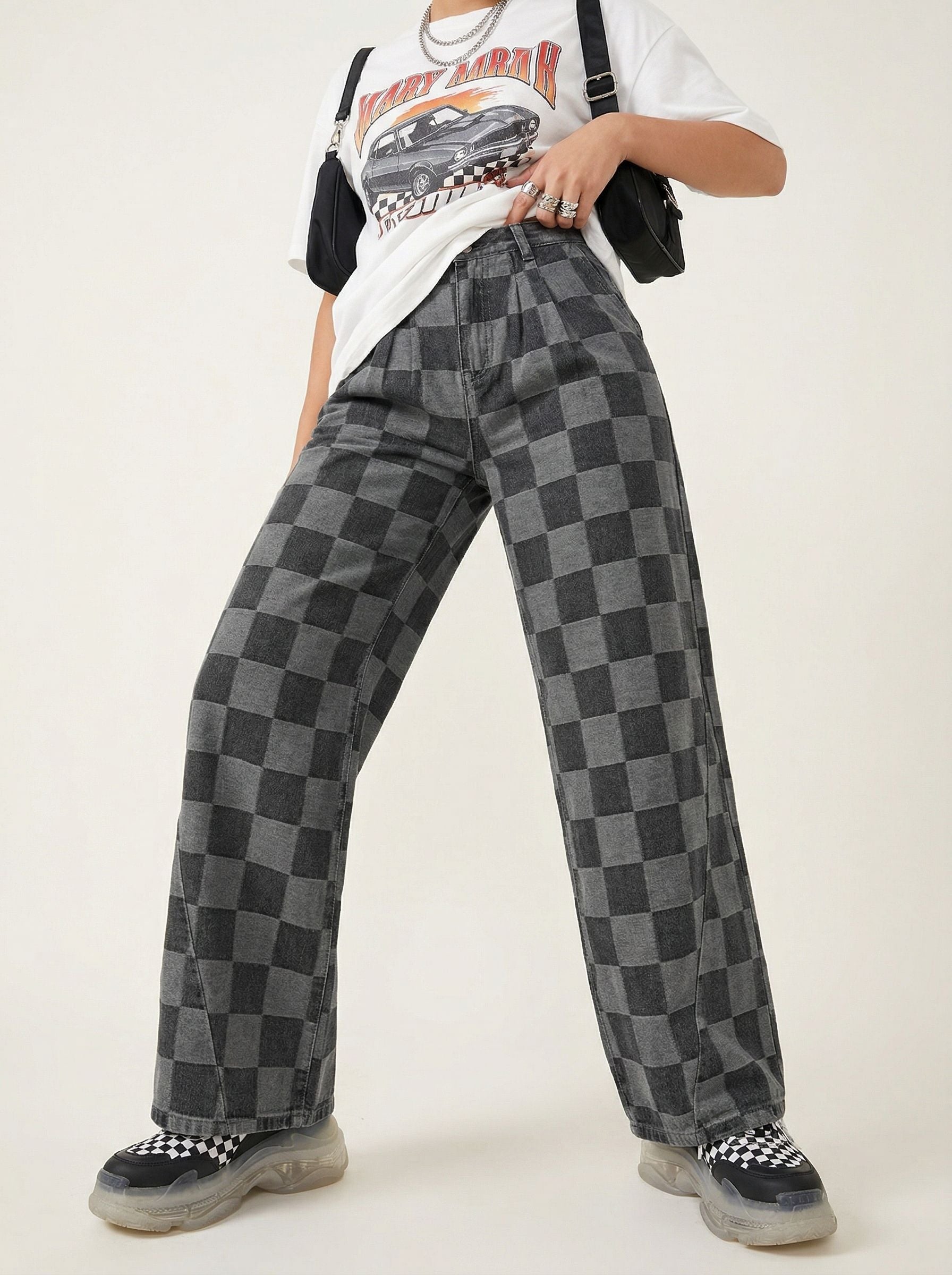 Checkered Pattern Loose Fit Jeans