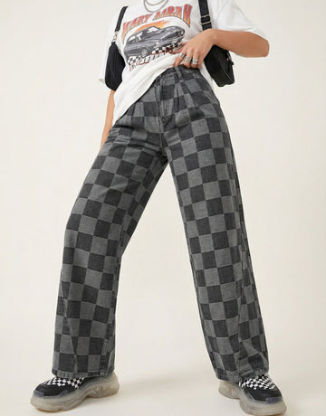 Checkered Pattern Loose Fit Jeans