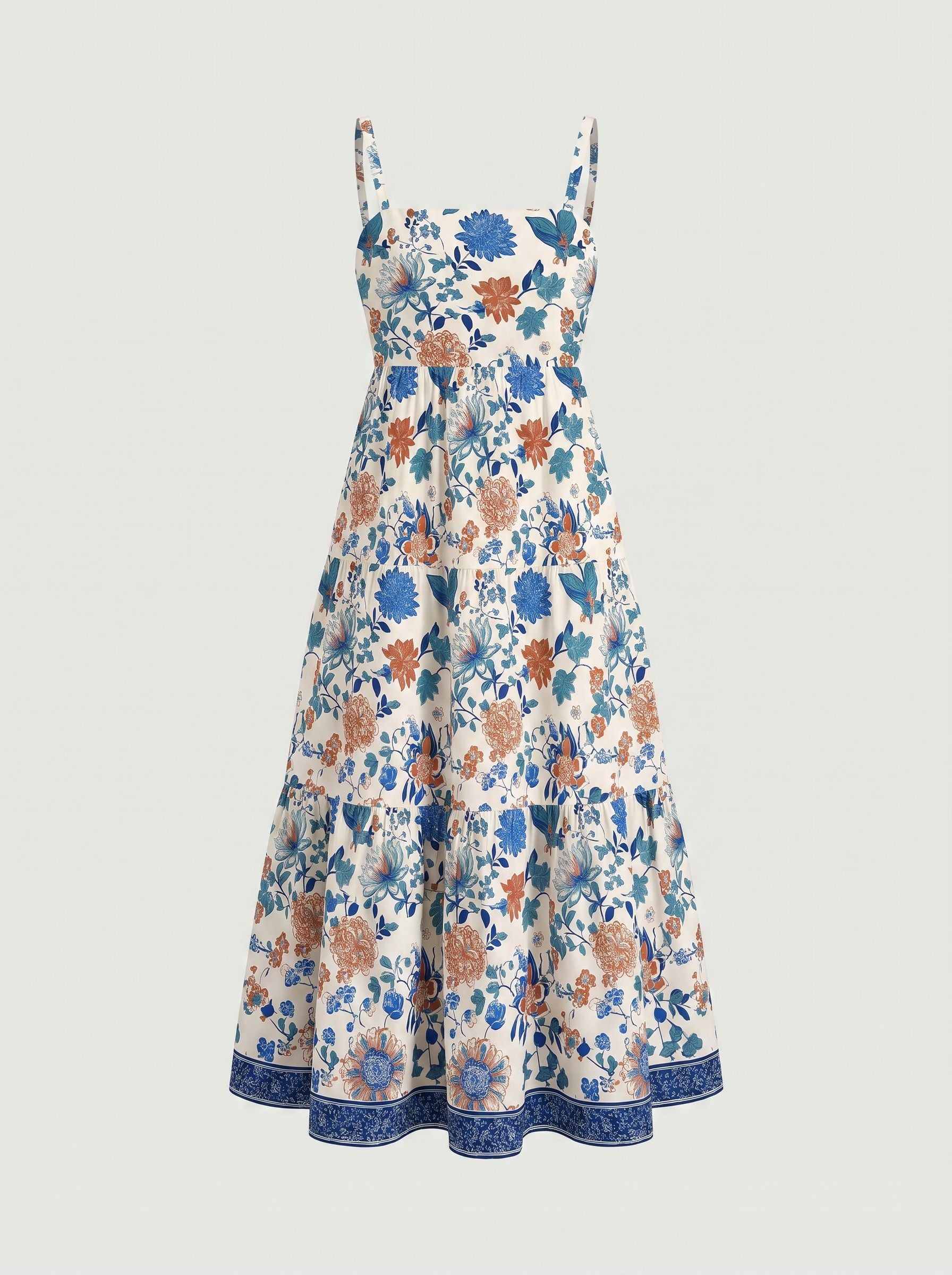 FLORA Floral Print Tiered Strap Midi Dress