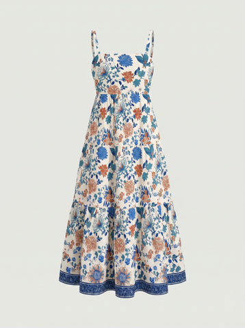 FLORA Floral Print Tiered Strap Midi Dress