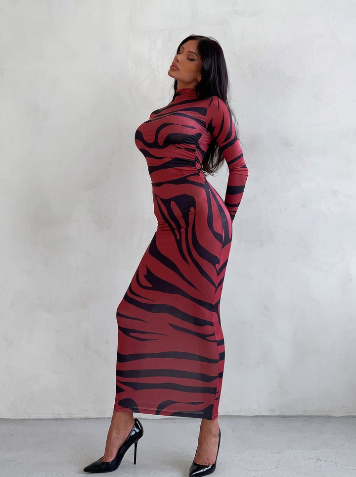 Bodycon Zebra Print Mock Neck Dress