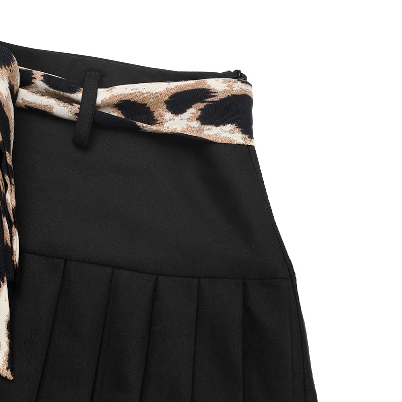 High-Waisted Pleated Leopard-Bow Sexy Mini Skirt-Black