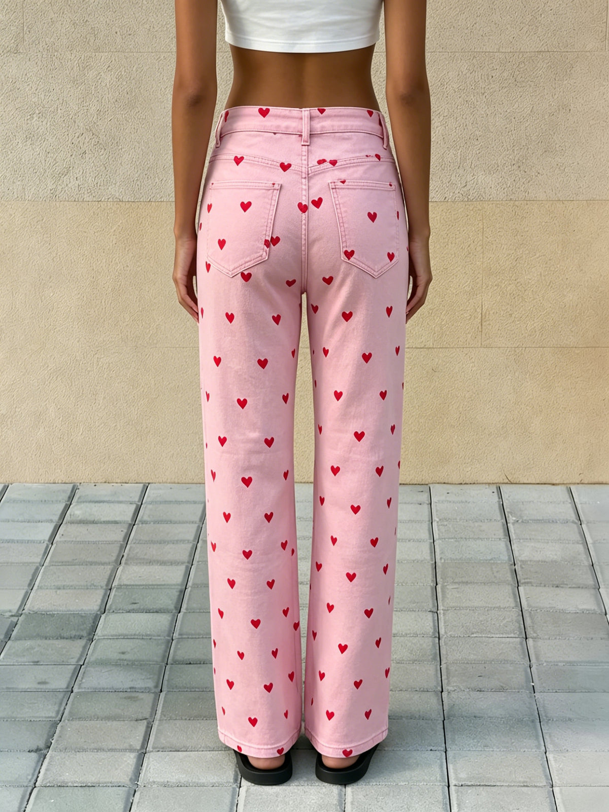 Cute Heart Print Wide Leg Jeans