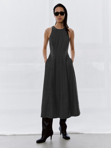 Urban Revivo Sleeveless Denim Midi Dresses-Deep Dark Gray Stripes