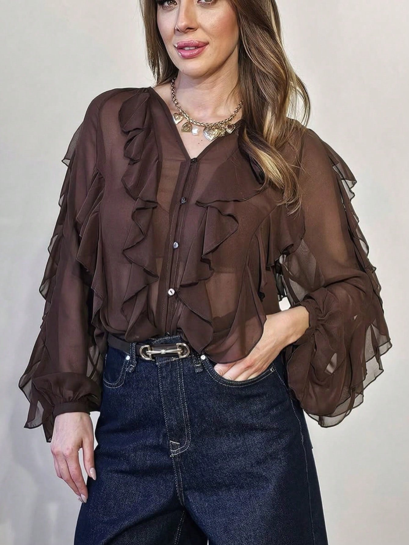 Sheer Ruffle Trim Button Down Blouse