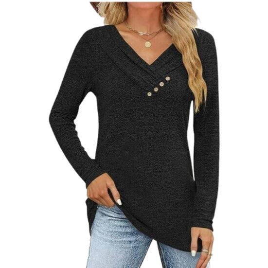 Button V Neck Soft Long Sleeve Tee
