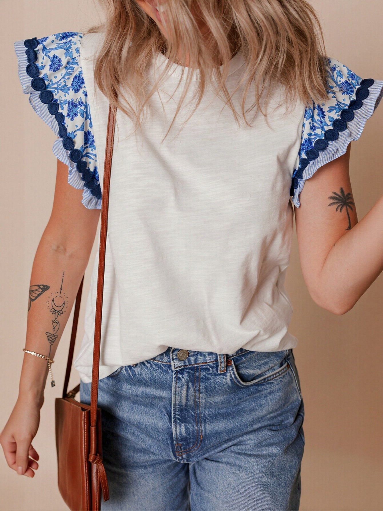 Embroidered Flutter Sleeve Cotton T-Shirt