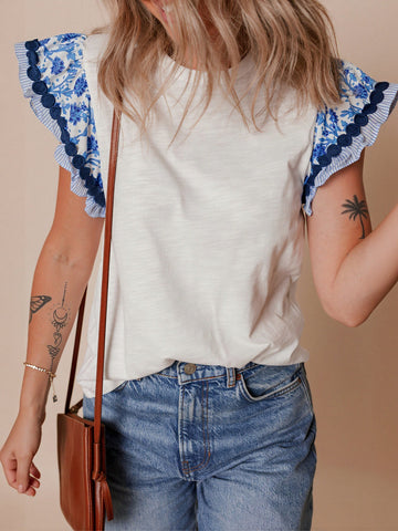 Embroidered Flutter Sleeve Cotton T-Shirt