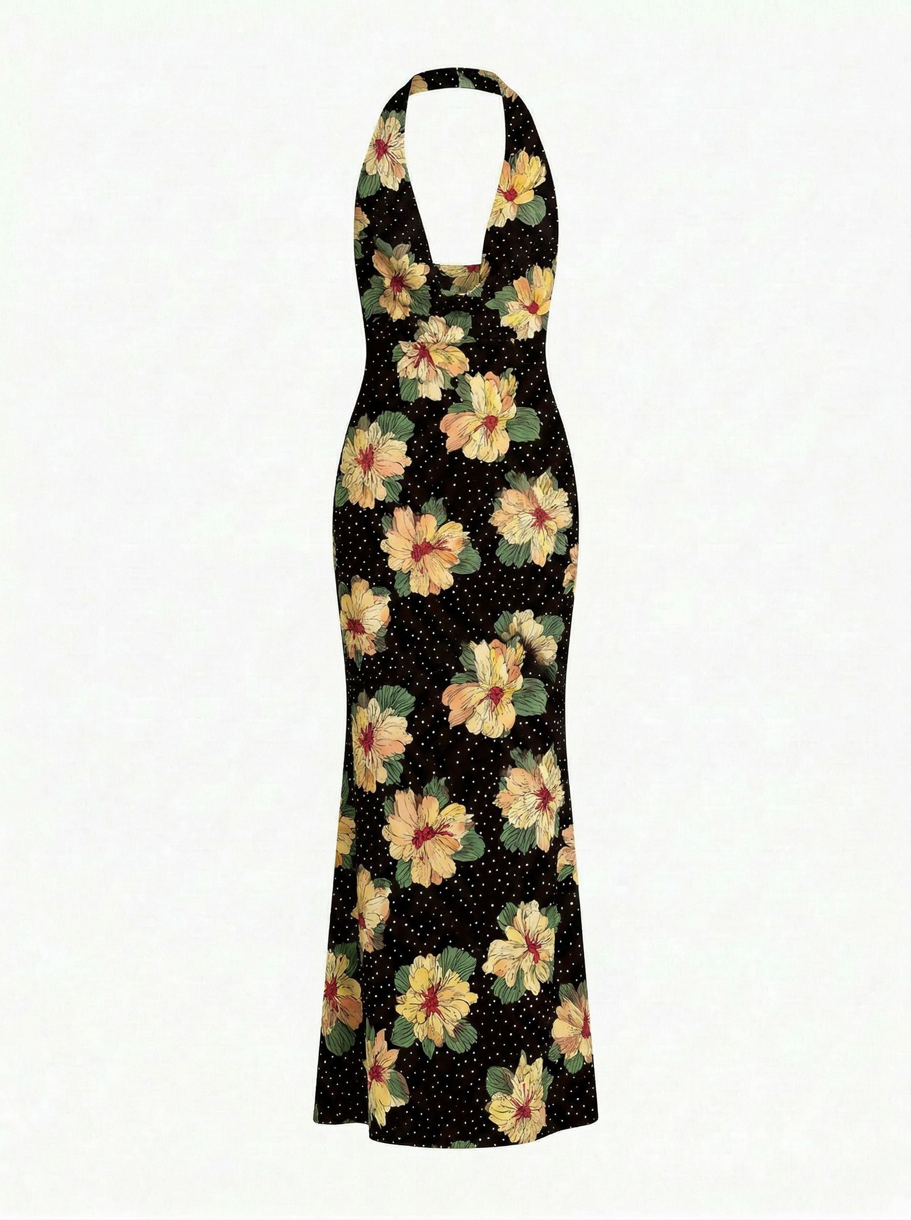 LILA Floral Print Cowl Neck Bodycon Midi Dress