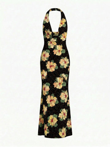 LILA Floral Print Cowl Neck Bodycon Midi Dress