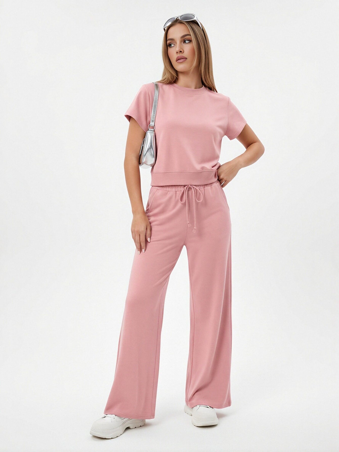 Pink Drawstring Waist Pants Set