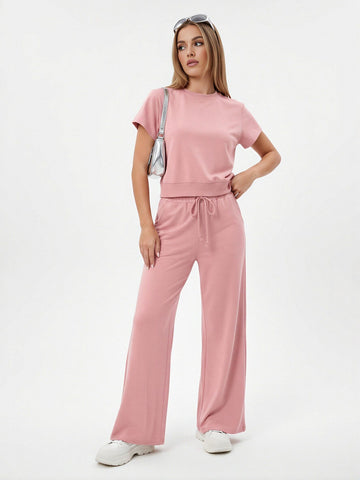 Pink Drawstring Waist Pants Set