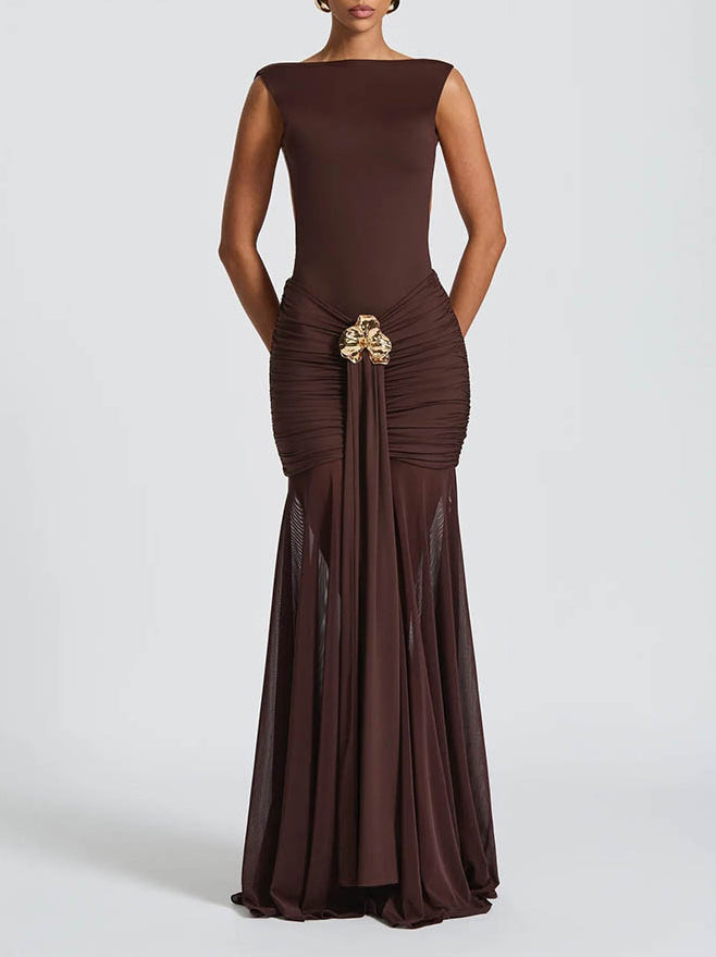 Elegant Ruched Mesh Maxi Dress
