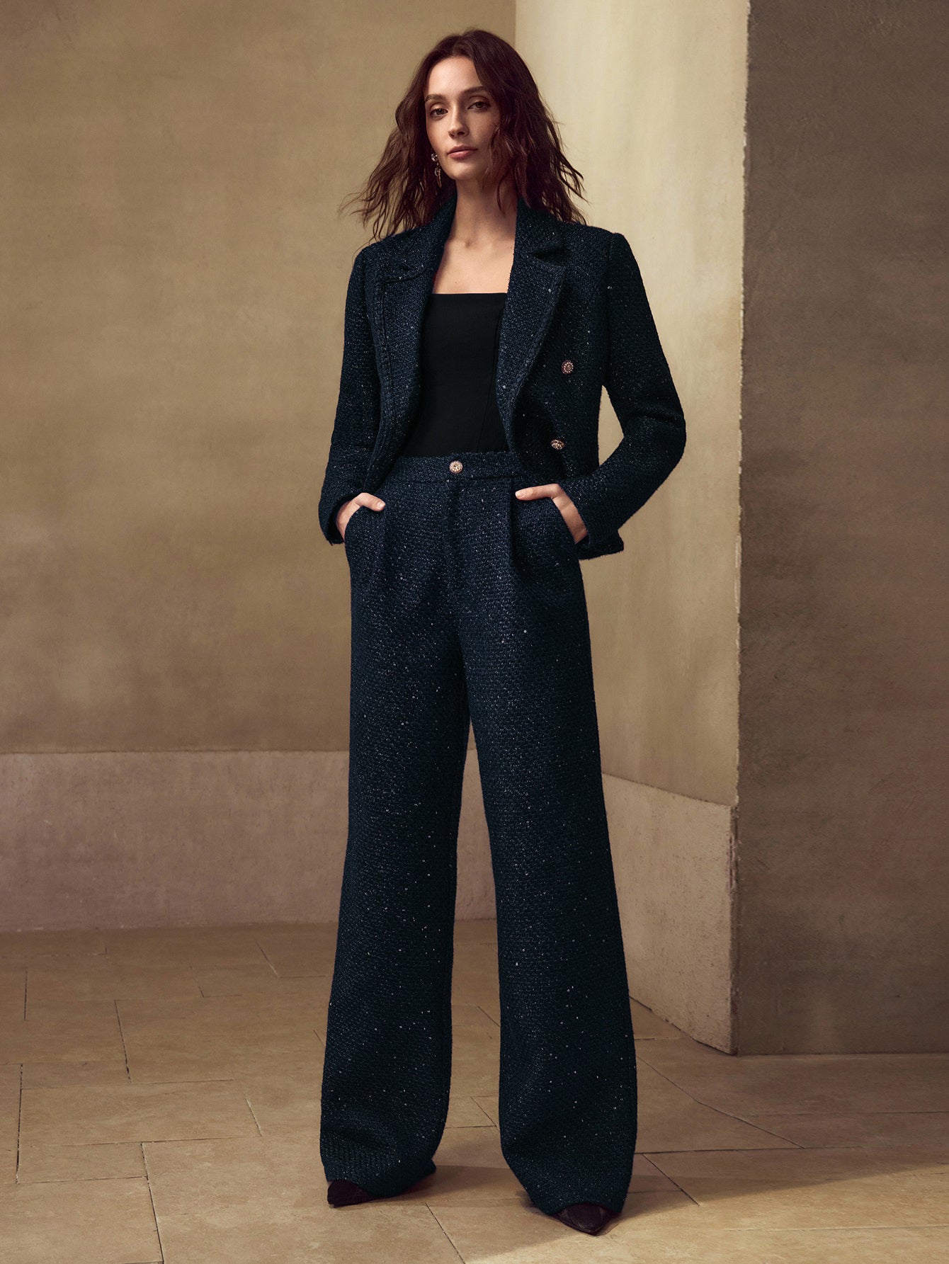 Elegant Tweed High Waisted Wide Pants