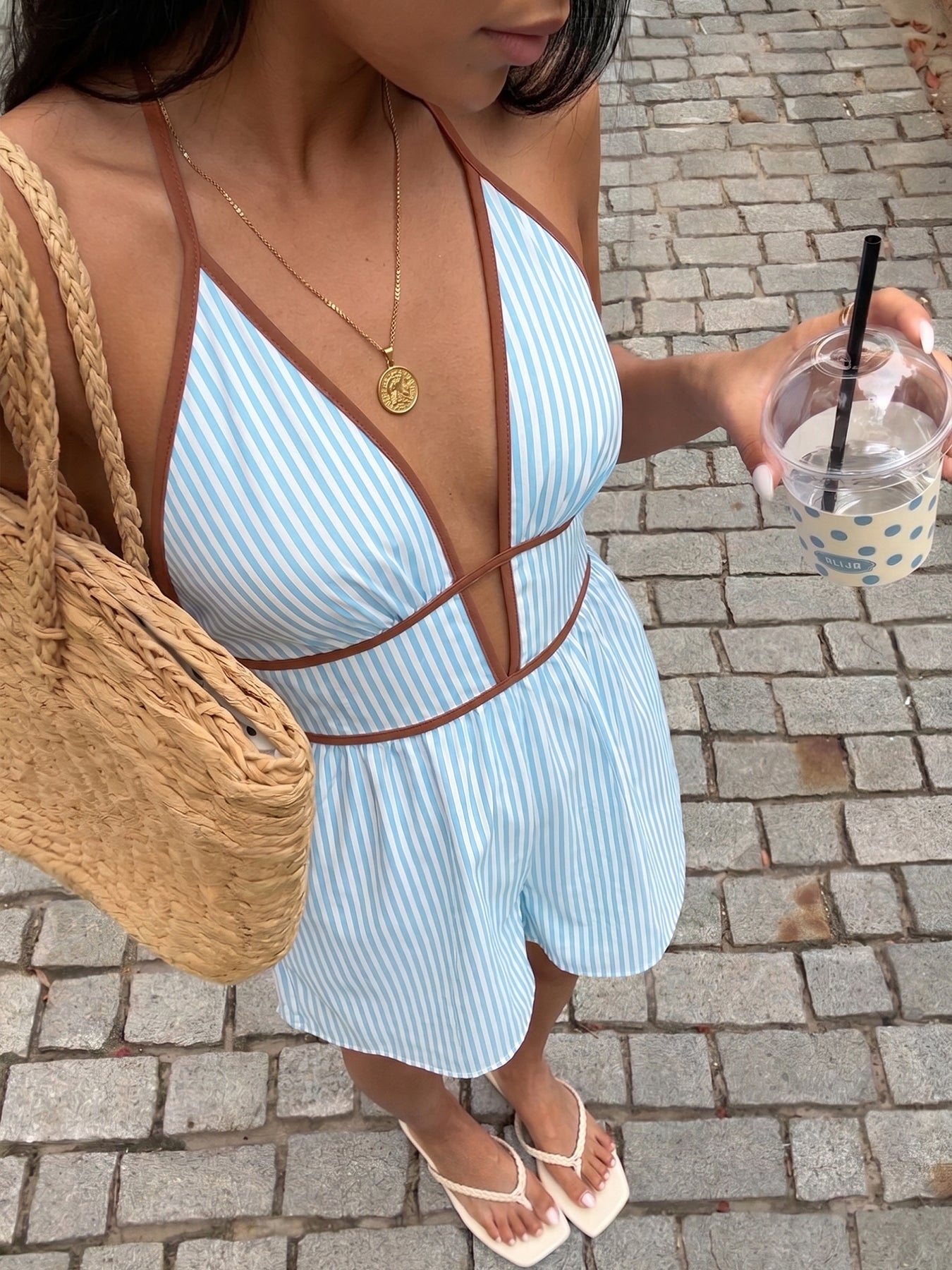 Backless Striped Plunge Neck Romper
