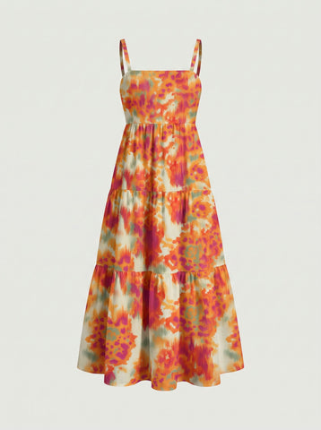 FLORA Floral Print Tiered Strap Midi Dress