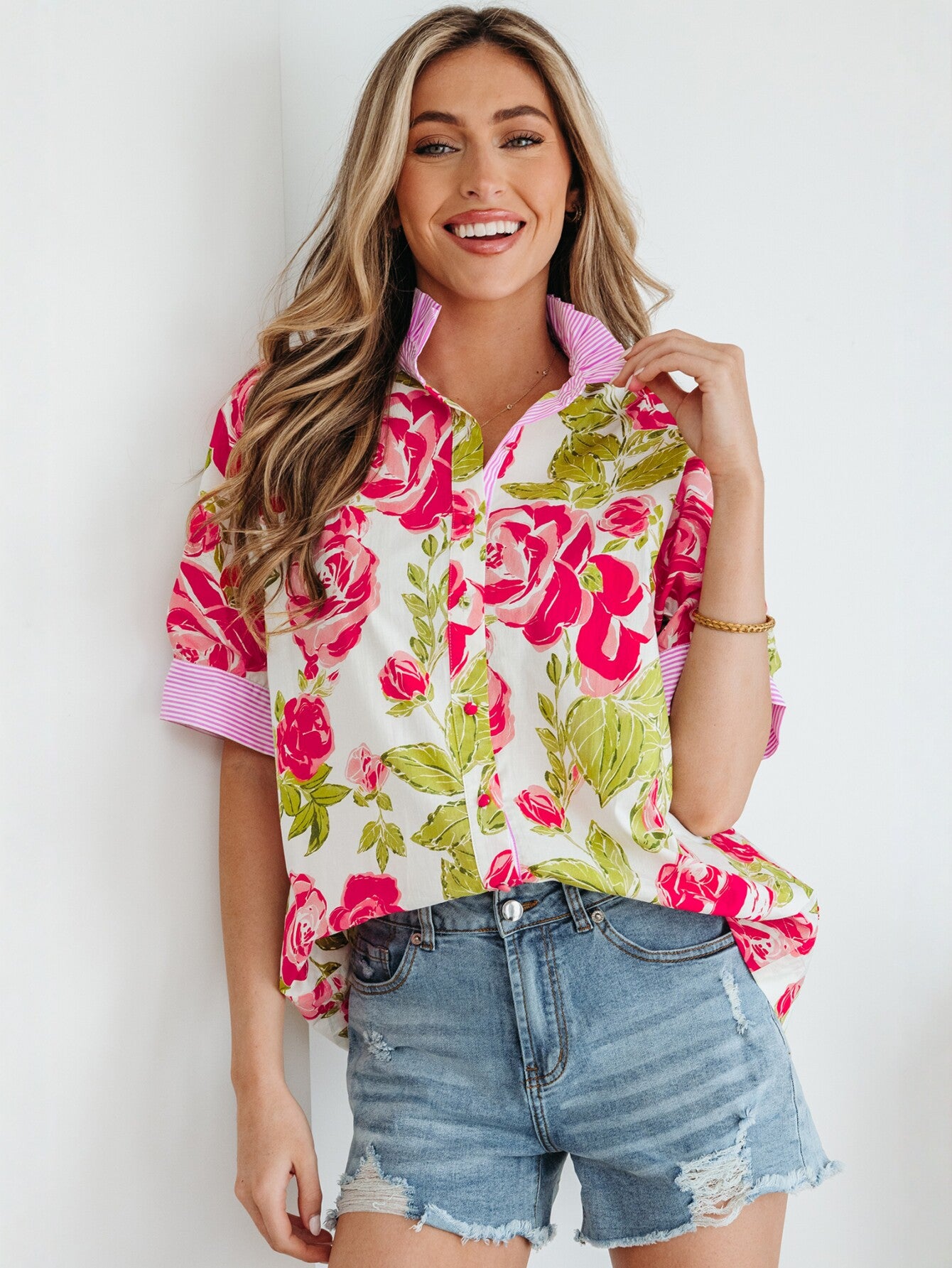 Floral Print Striped Cuff Shirt