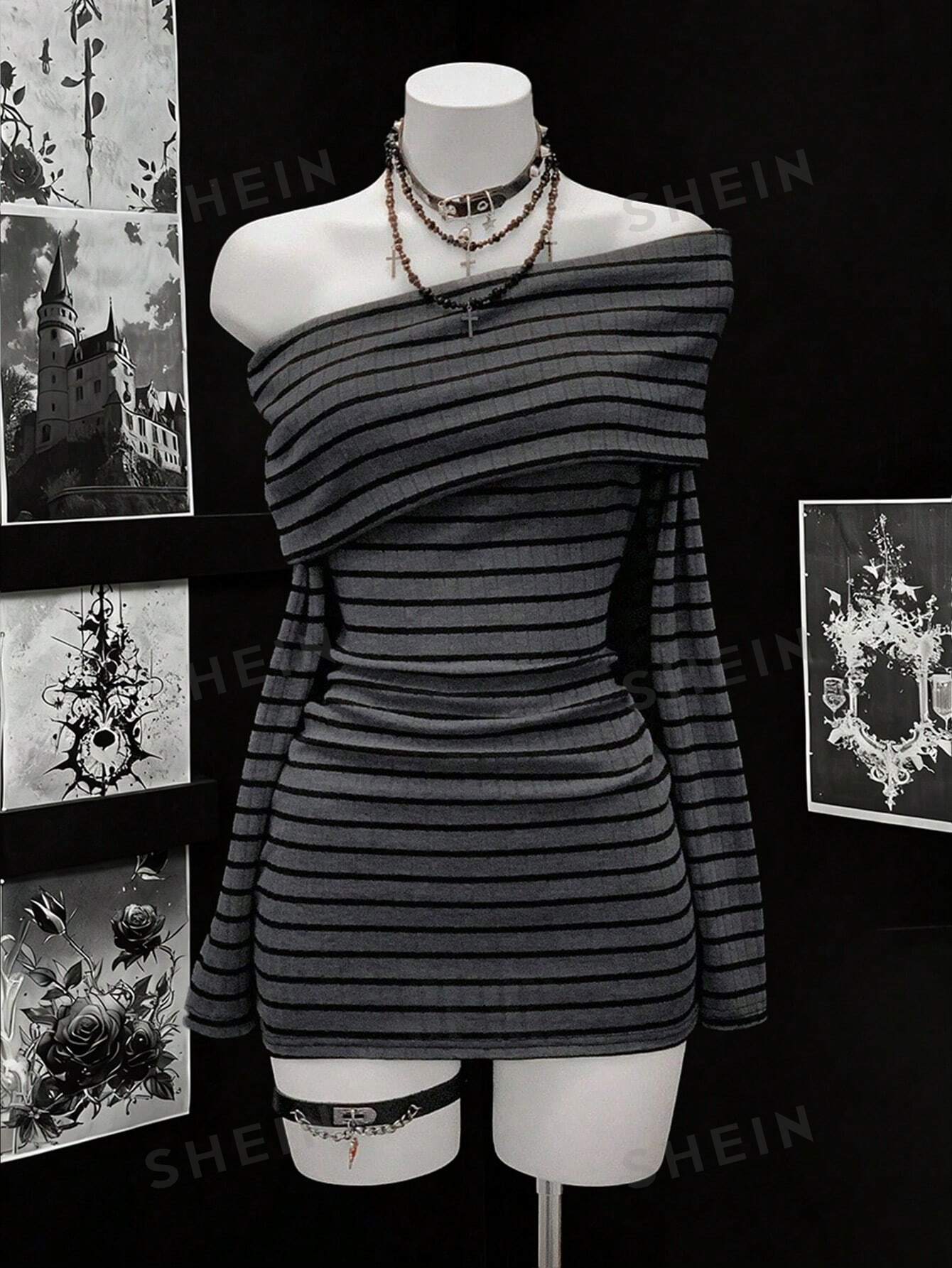 Off Shoulder Striped Ribbed Mini Dress