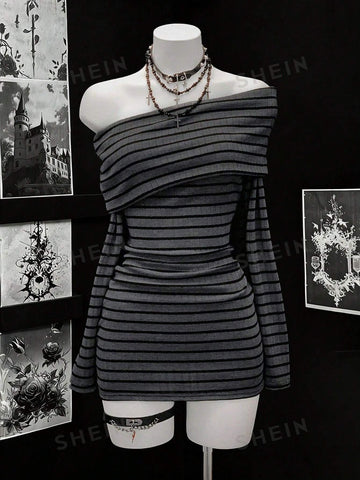 Off Shoulder Striped Ribbed Mini Dress