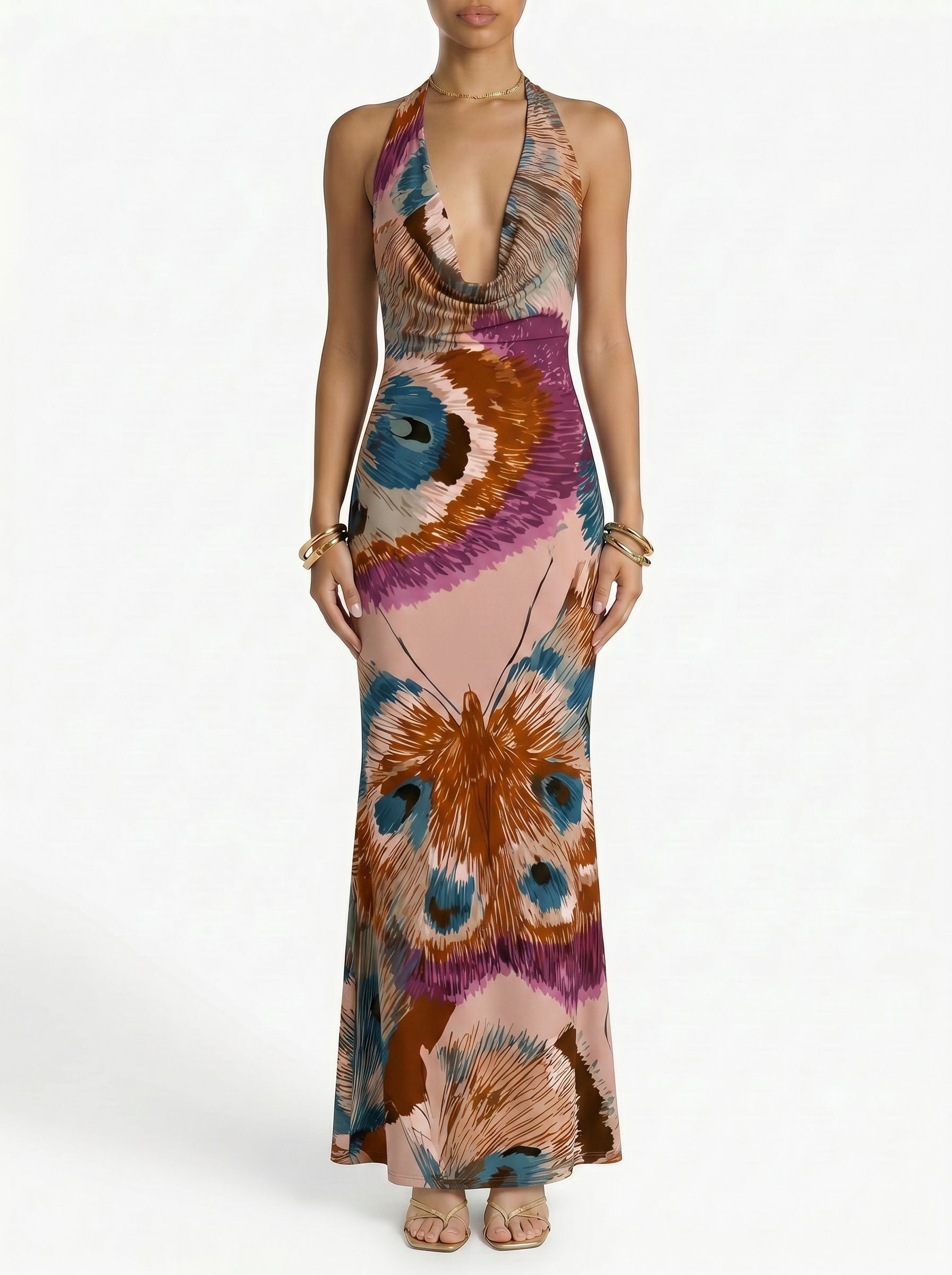 Floral Print Cowl Neck Bodycon Maxi Dress