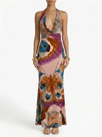 Floral Print Cowl Neck Bodycon Maxi Dress