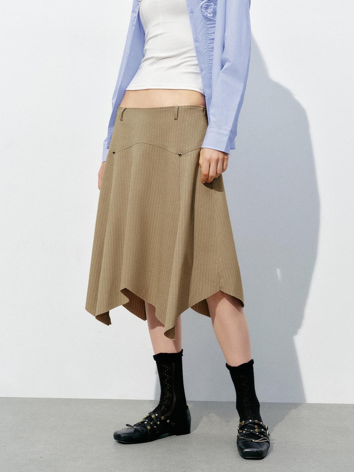 Urban Revivo Irregular Hem A-Line Skirts-Lightu00A0 Khaki Stripes