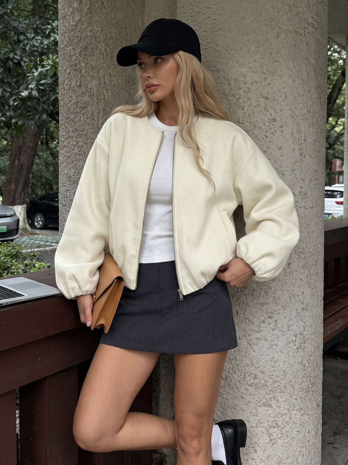 Cozy Fleece Zip Up Bomber Jacket