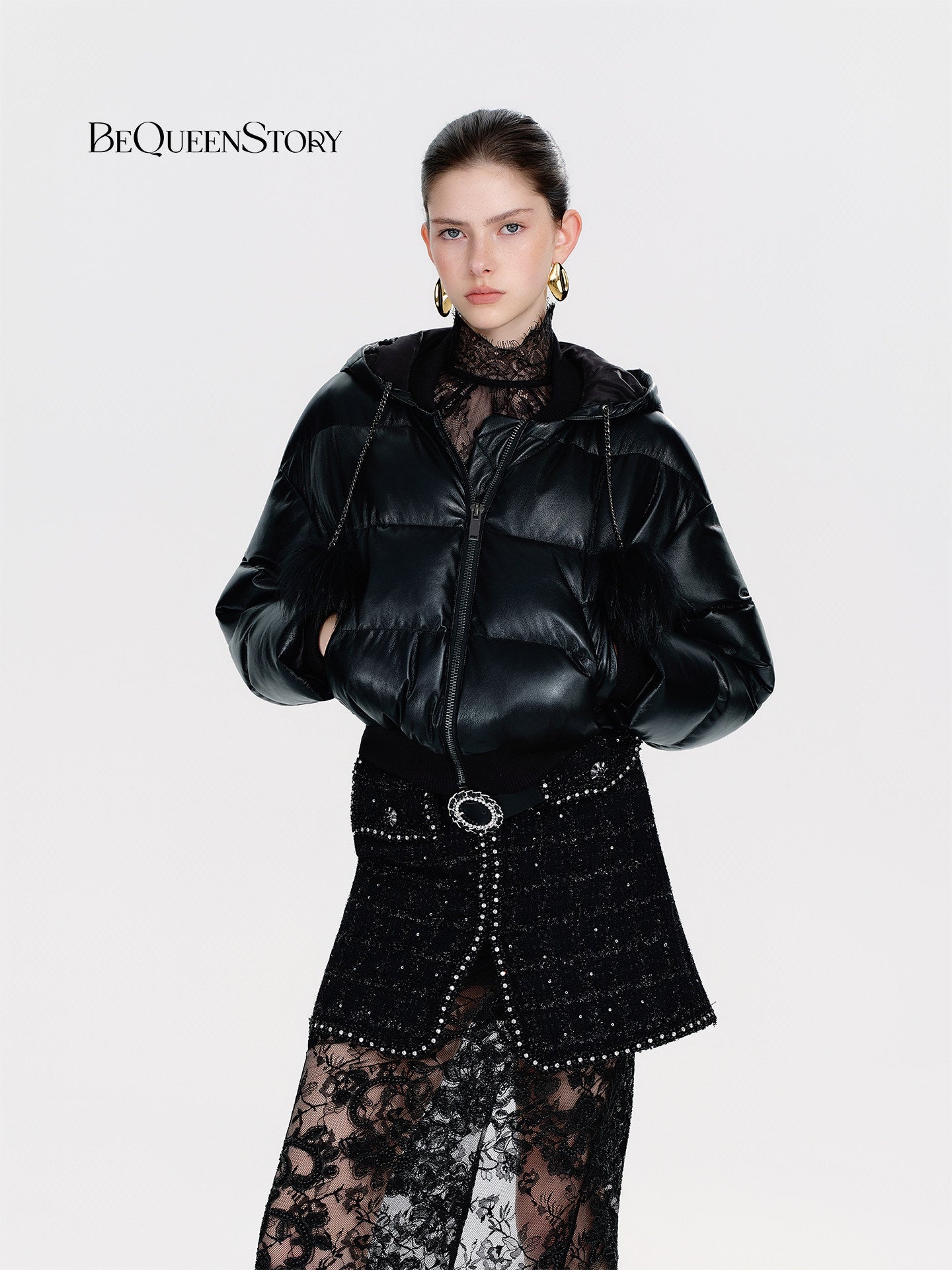 Cropped Faux Leather Puffer Jacket