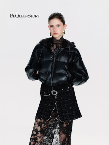 Cropped Faux Leather Puffer Jacket