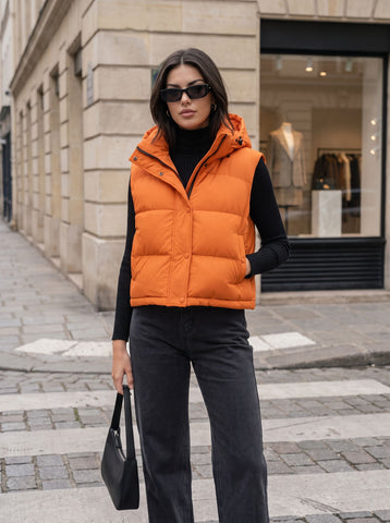 Cropped Hooded Puffer Vest Orange