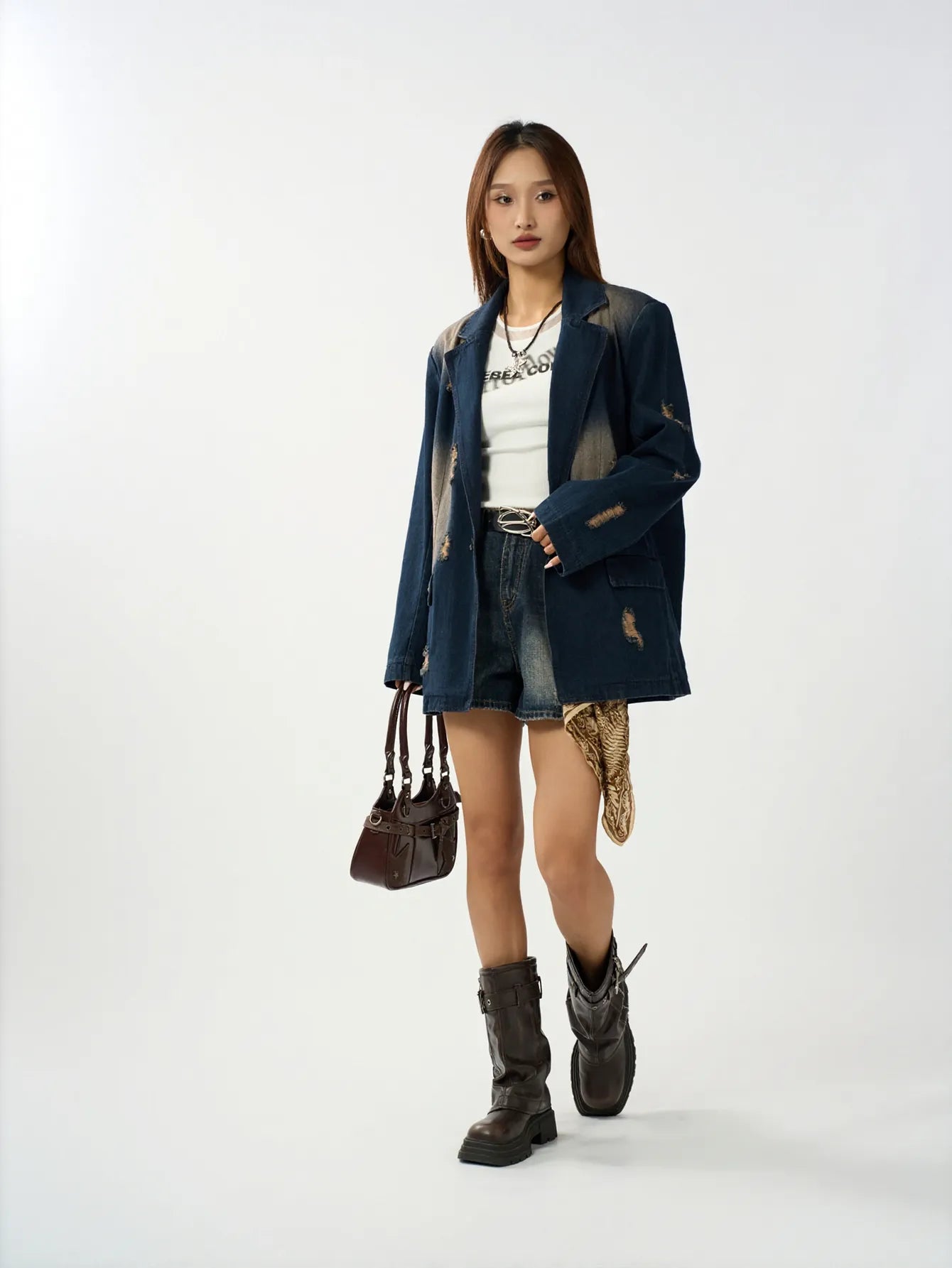 Distressed Oversized Denim Blazer Jacket