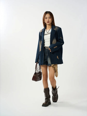 Distressed Oversized Denim Blazer Jacket