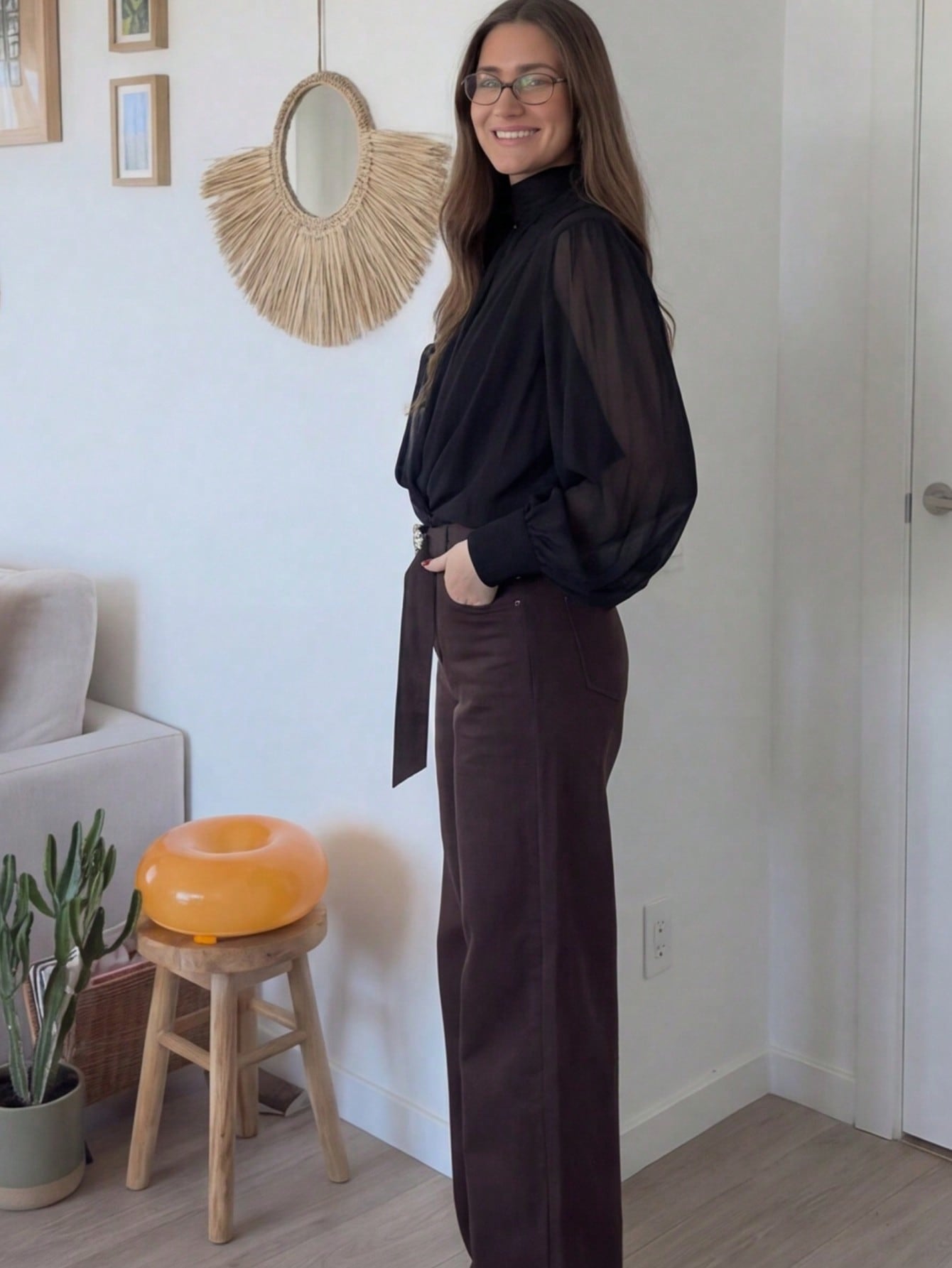 Elegant Draped Mock Neck Chiffon Blouse