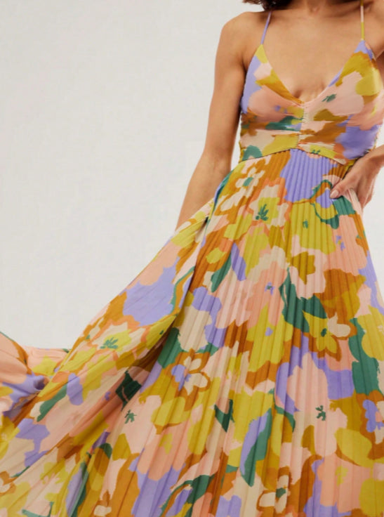 Floral Pleated V Neck Midi Dress