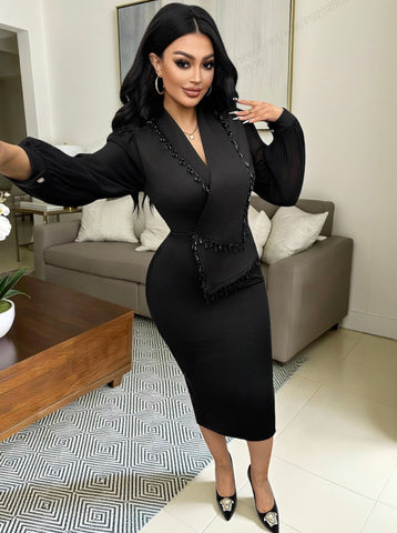 Beaded Trim Peplum Bodycon Midi Dress