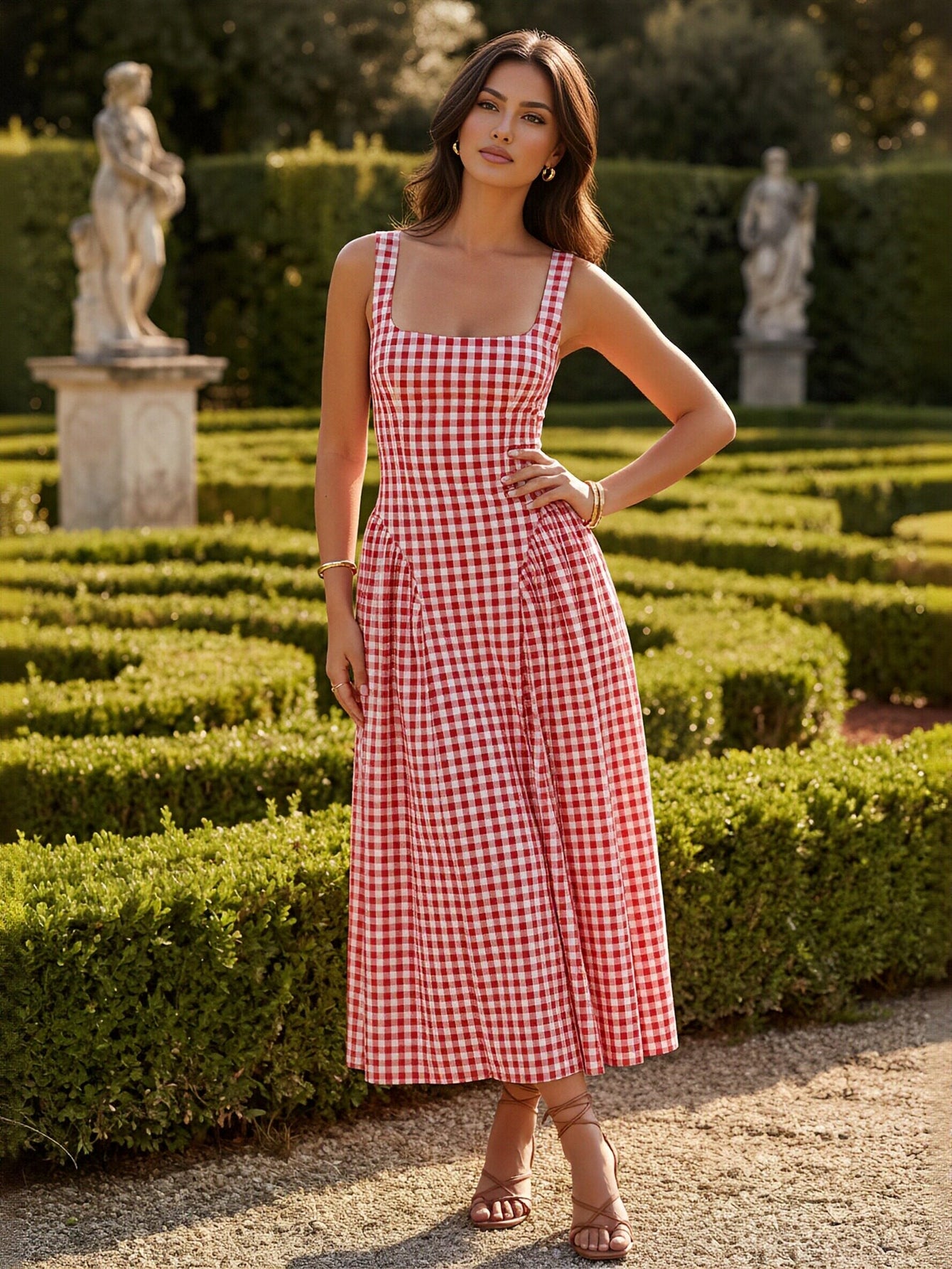 Gingham Square Neck Midi Dress