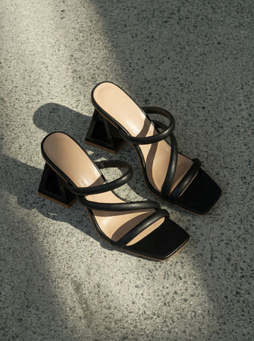 Square-Toe Strappy Geometric Heel Edgy Mules