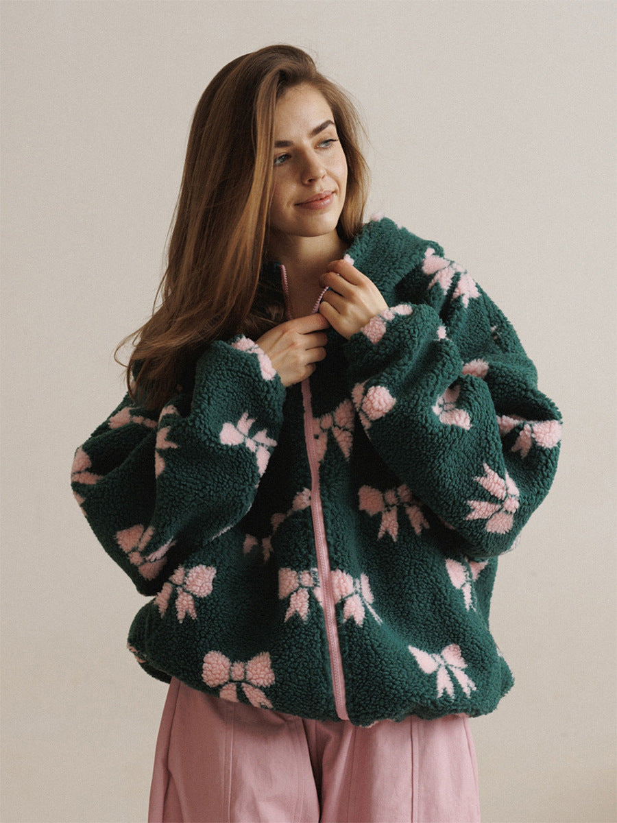 Cozy Bow Print Sherpa Jacket