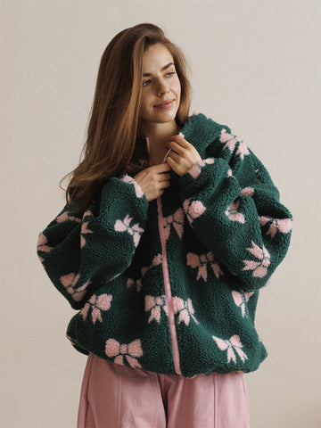 Cozy Bow Print Sherpa Jacket