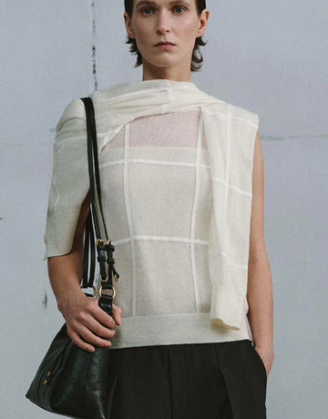 Urban Revivo Contrast Check Sleeveless Knitted T-Shirts-Ivory Check