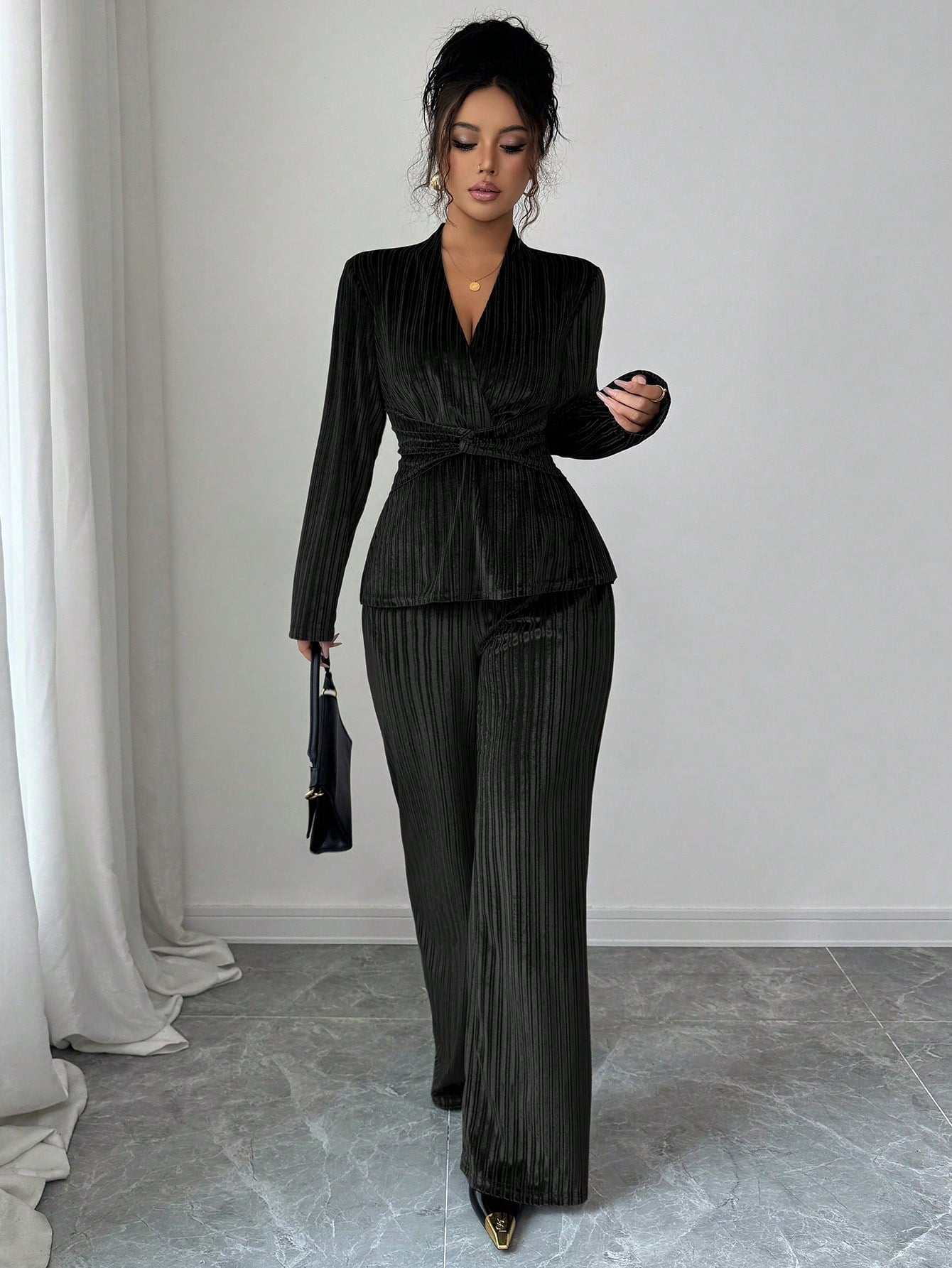 Elegant Pleated Velvet Trouser Set
